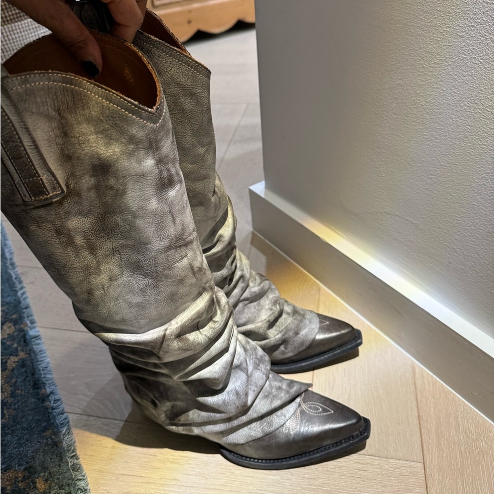 RARE R13 Distressed Grey Leather Mid Cowboy Boots w/sleeve - size 37